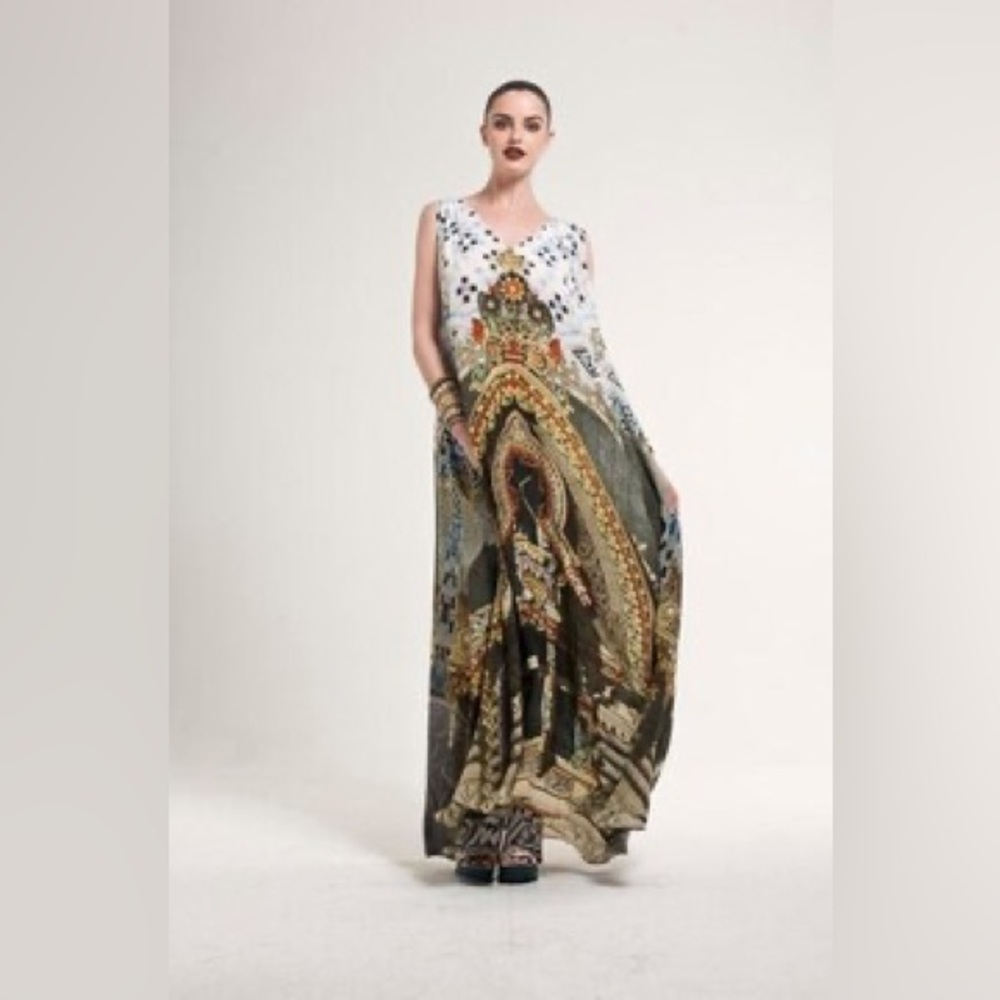 Camilla V neck silk maxi dress in one size fits all